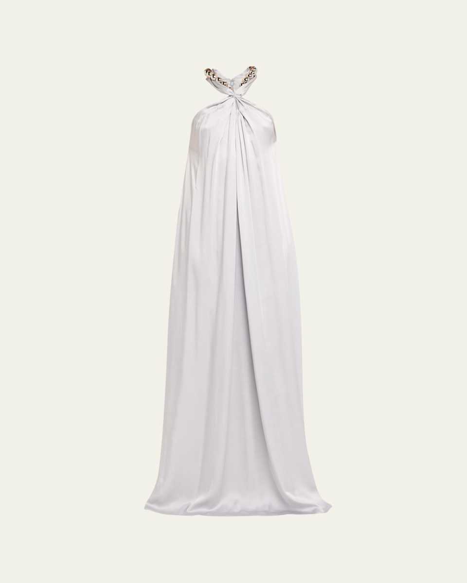 Ball-Collar Satin Halter Gown